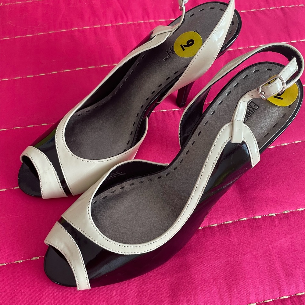 EXPRESSION:  Black and Cream Peep Toe Heels - Picture 2 of 5